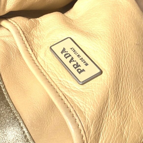 PRADA Shoulder Bag Logo fringe bag drawstring Tote Bag Leather Gold - Picture 12 of 13